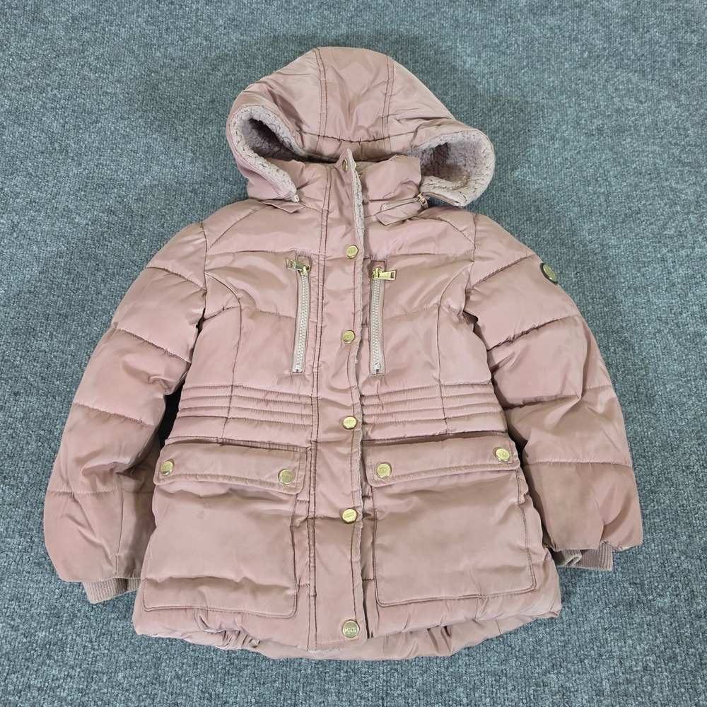 Y2K DKNY Girls Dusty Rose Pink Sherpa Lined Hooded Puffer Jacket Size 6/6X